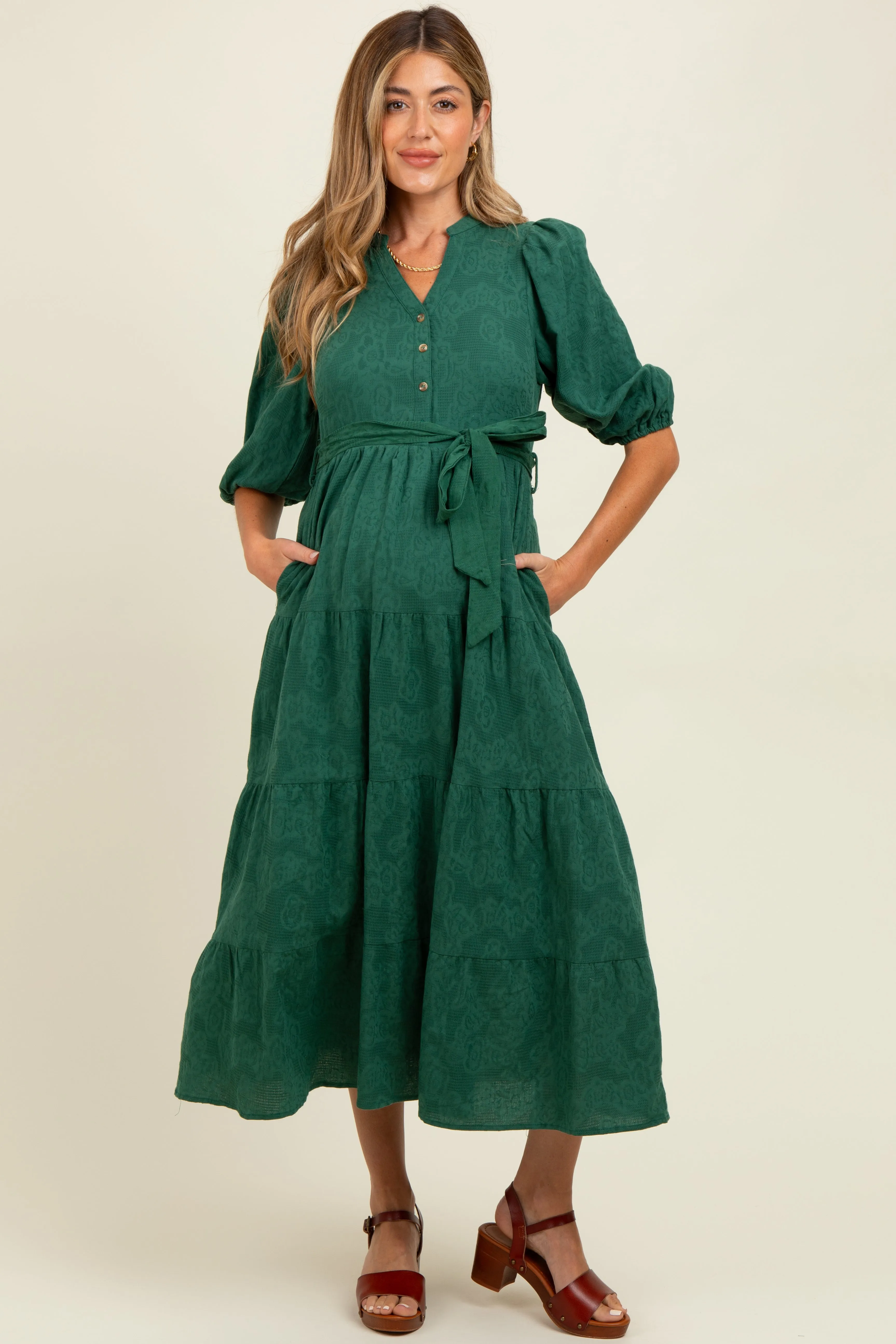 Forest Green Floral Jacquard Button Front Tiered Maternity Dress sold by Pinkblush product image thumbnail 2