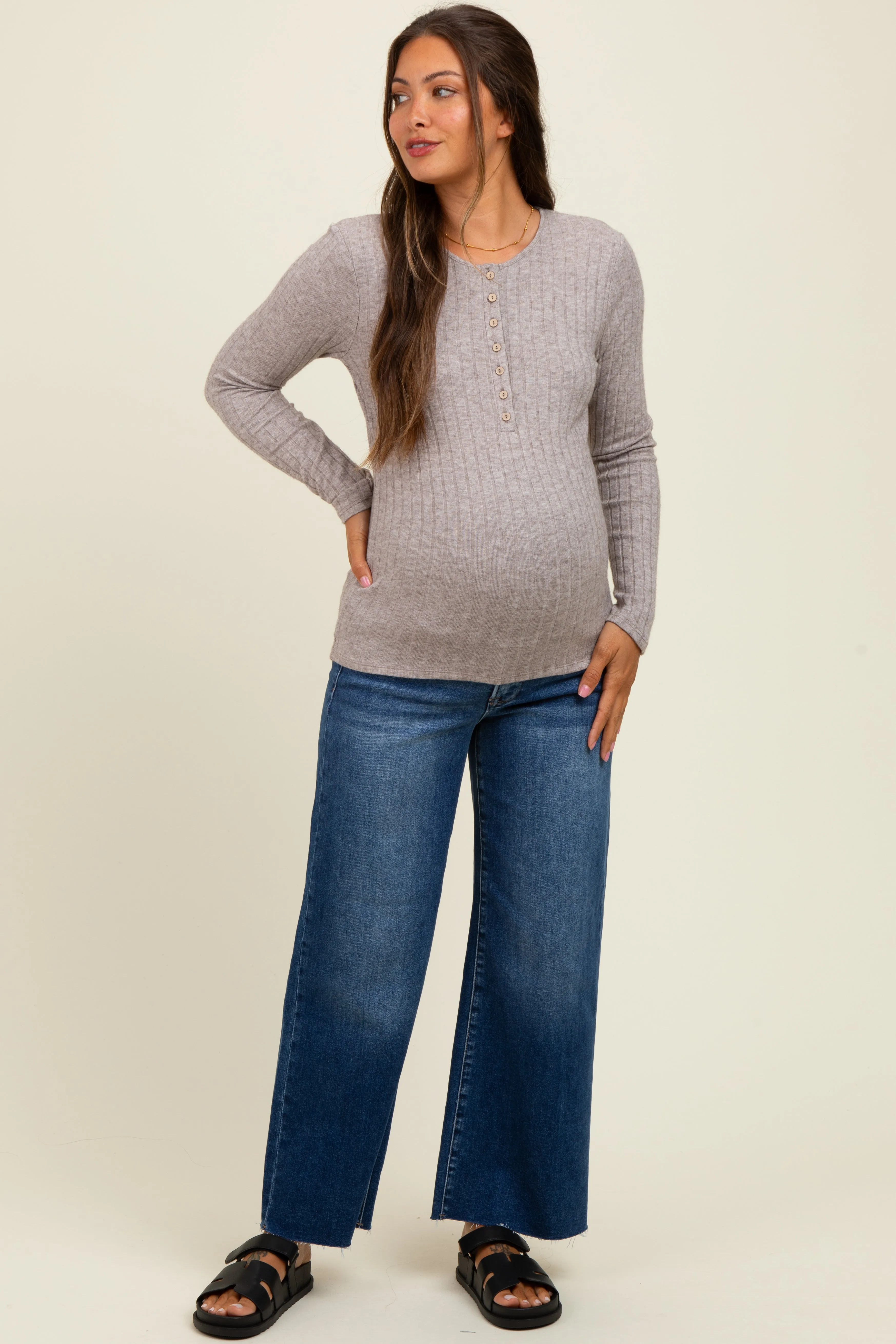 Light Brown Ribbed Knit Button Long Sleeve Maternity Top sold by Pinkblush product image thumbnail 2