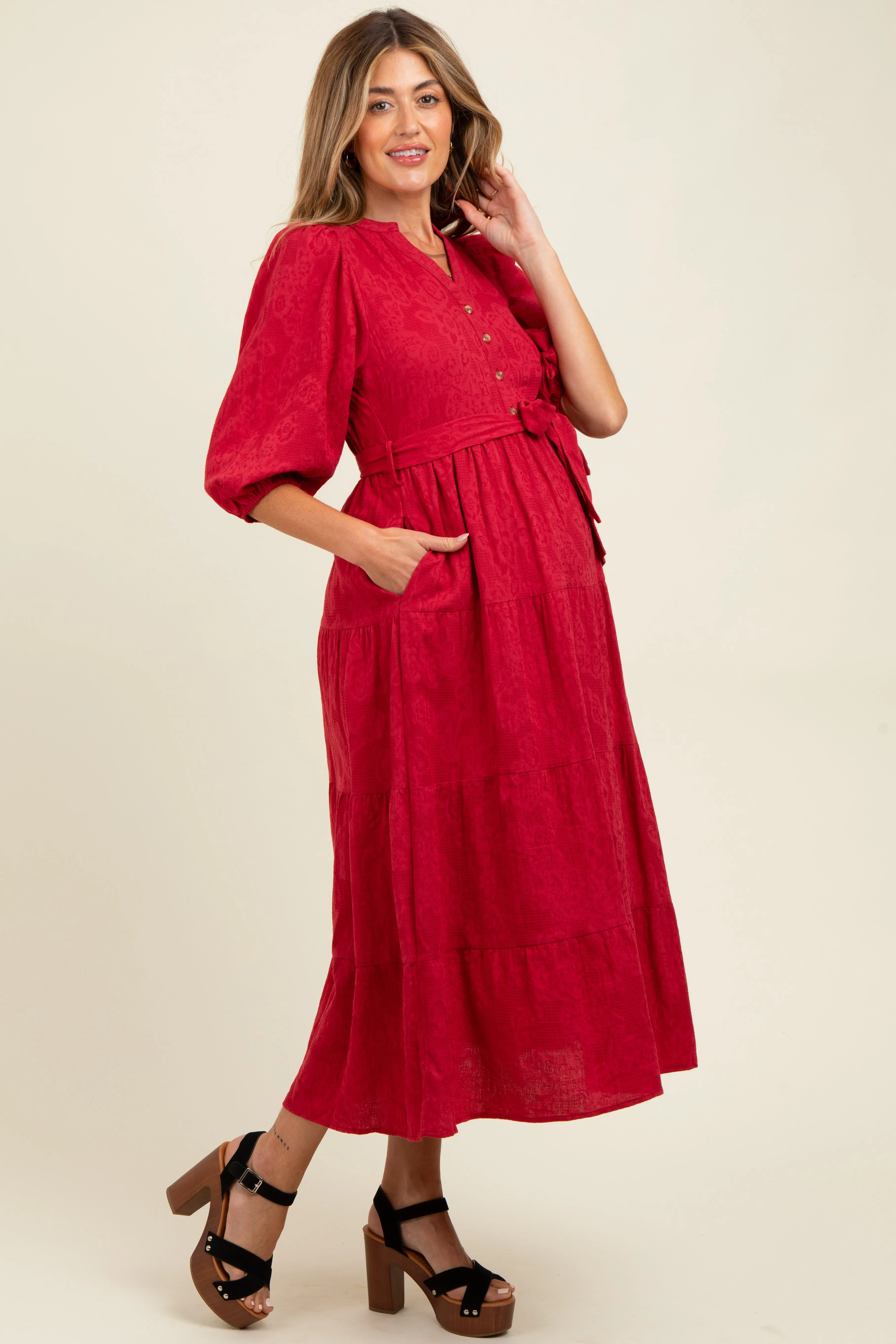 Burgundy Floral Jacquard Button Front Tiered Maternity Dress sold by Pinkblush product image thumbnail 3