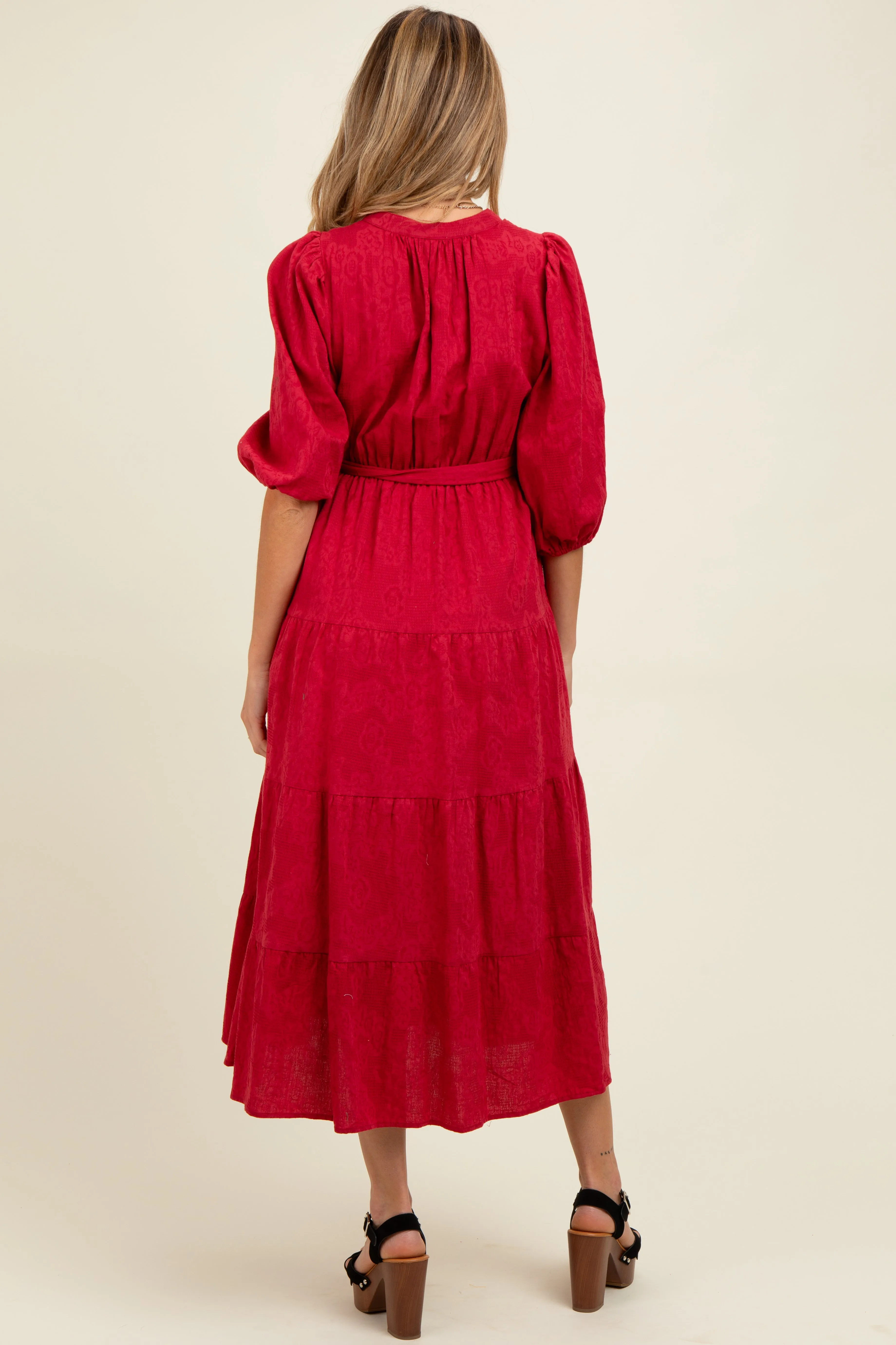 Burgundy Floral Jacquard Button Front Tiered Maternity Dress sold by Pinkblush product image thumbnail 4