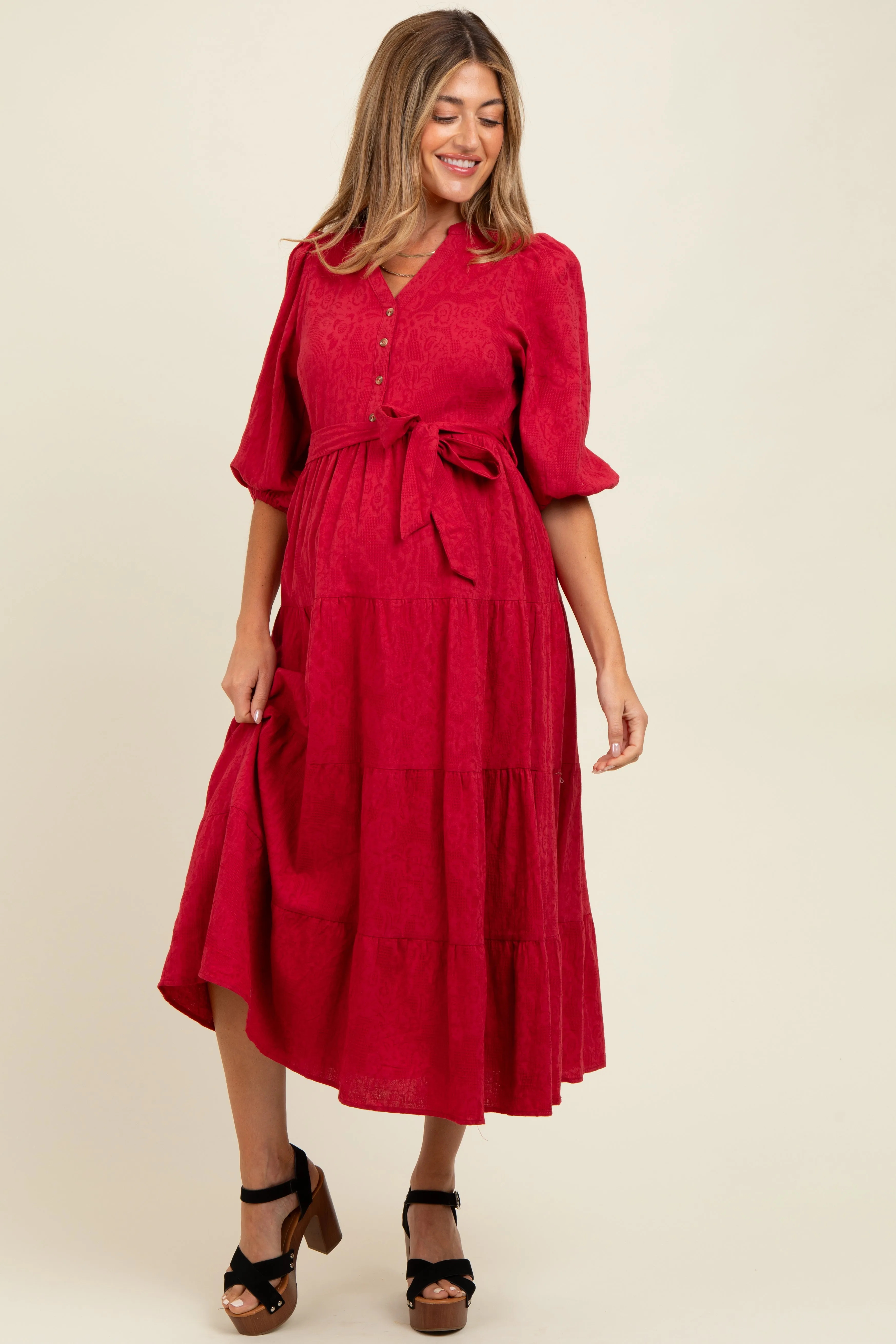 Burgundy Floral Jacquard Button Front Tiered Maternity Dress sold by Pinkblush