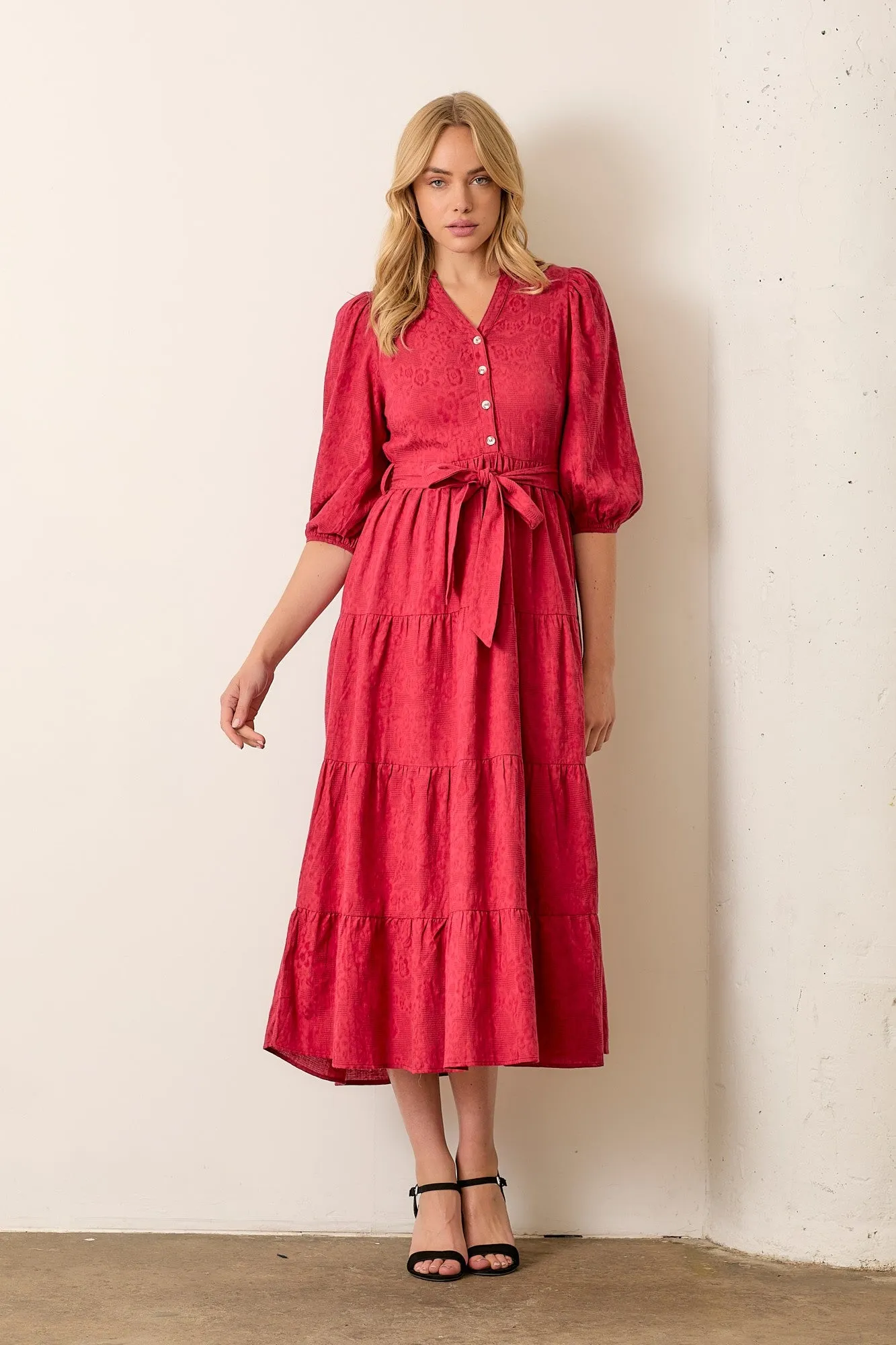 Burgundy Floral Jacquard Button Front Tiered Maternity Dress sold by Pinkblush product image thumbnail 5