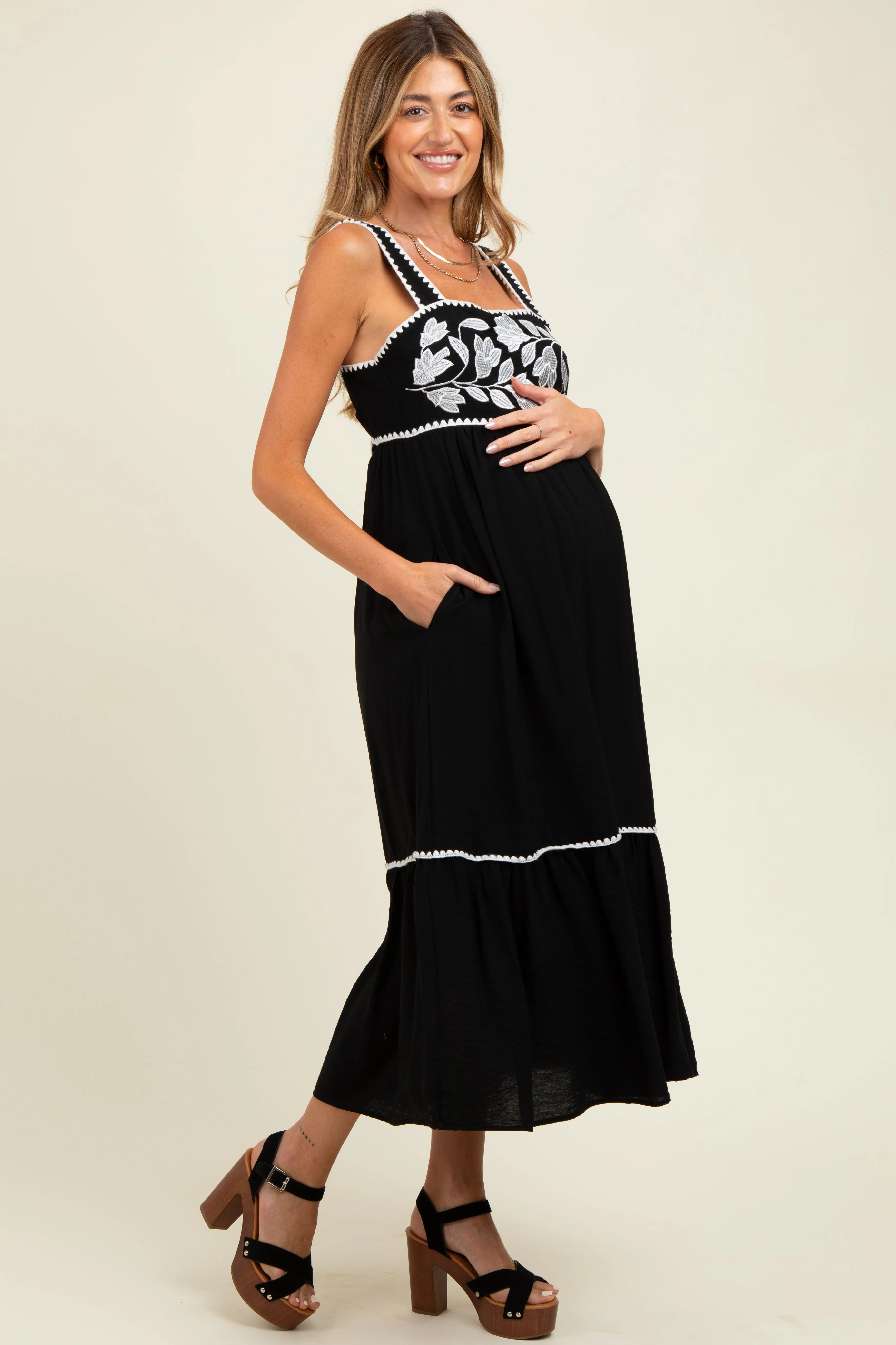 Black Floral Embroidered Cutout Tie Back Maternity Midi Dress sold by Pinkblush product image thumbnail 3