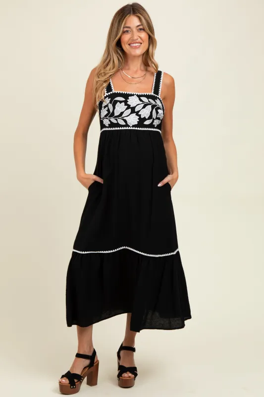 Black Floral Embroidered Cutout Tie Back Maternity Midi Dress sold by Pinkblush