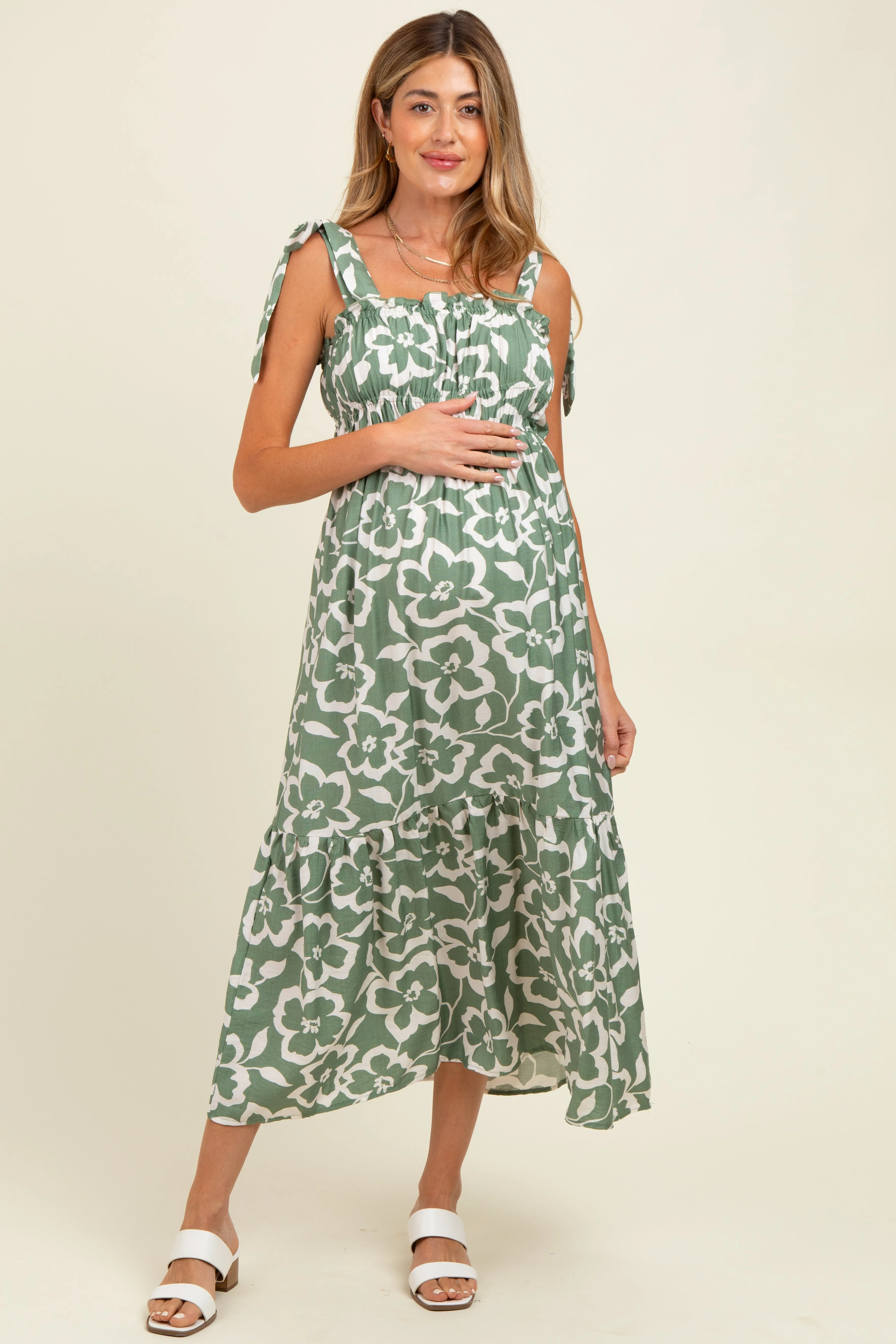 Light Olive Floral Tiered Shoulder Tie Maternity Midi Dress sold by Pinkblush