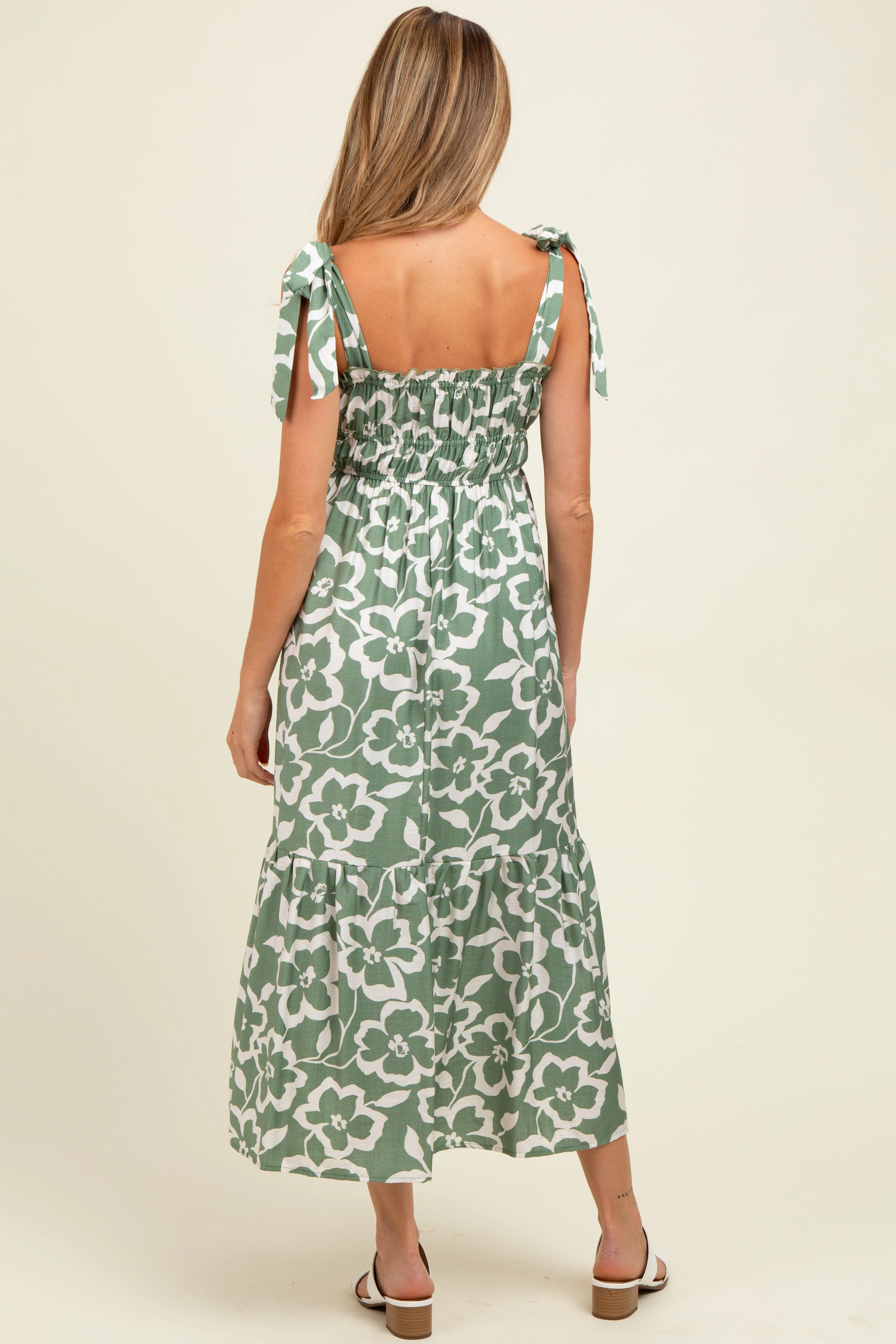 Light Olive Floral Tiered Shoulder Tie Maternity Midi Dress sold by Pinkblush product image thumbnail 3