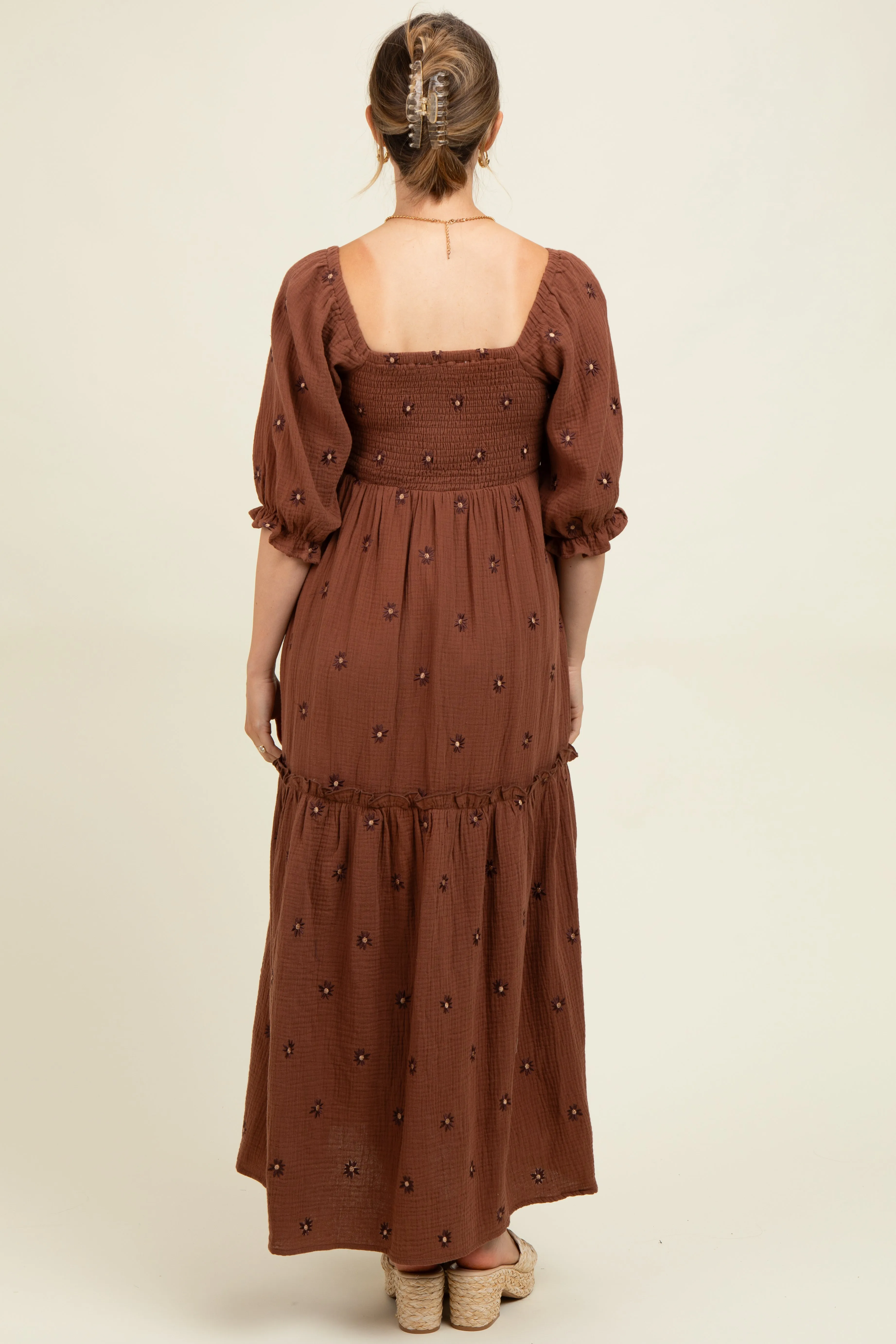 Brown Floral Smocked Puff Sleeve Maternity Maxi Dress sold by Pinkblush product image thumbnail 3