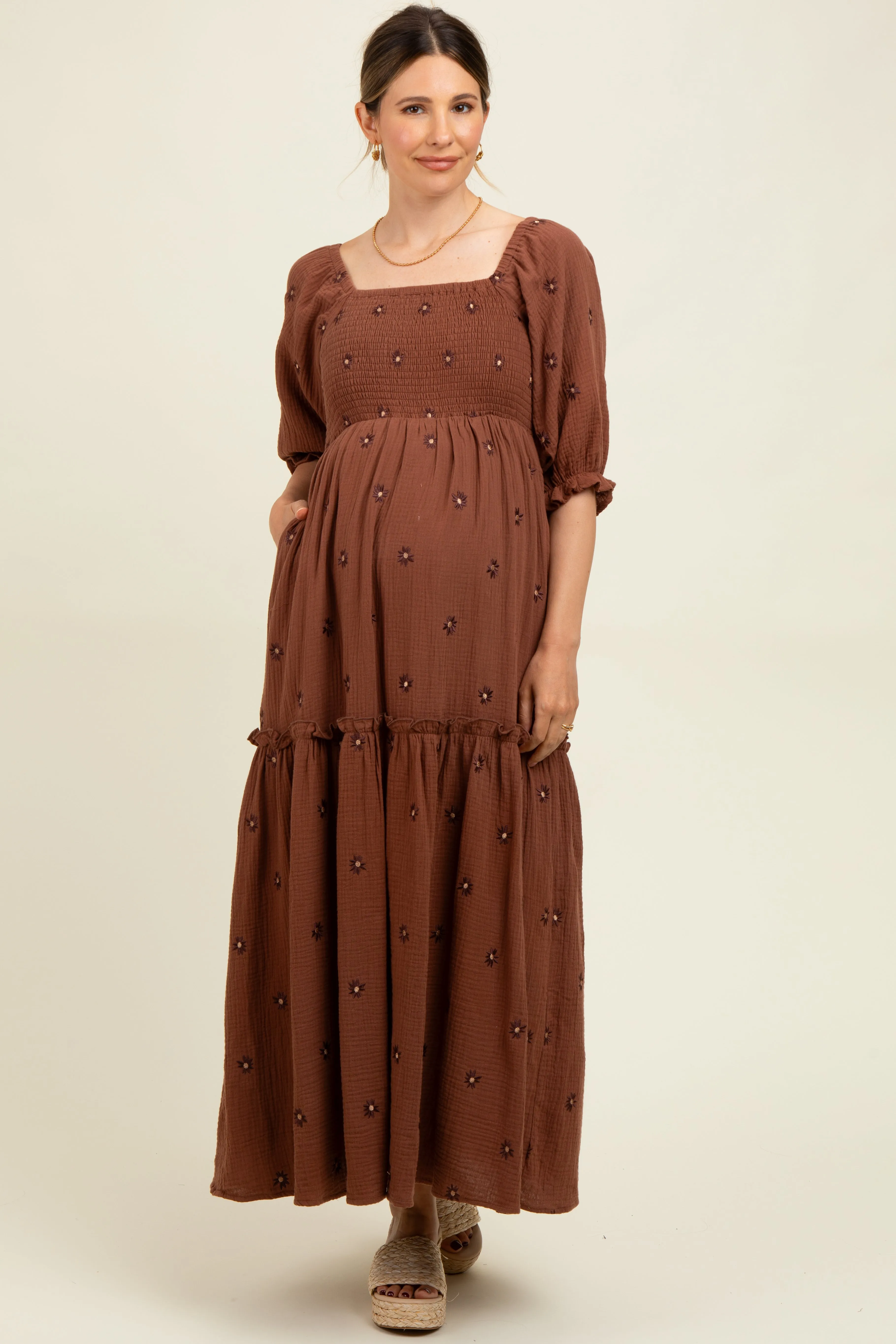 Brown Floral Smocked Puff Sleeve Maternity Maxi Dress sold by Pinkblush