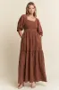 Brown Floral Smocked Puff Sleeve Maternity Maxi Dress sold by Pinkblush