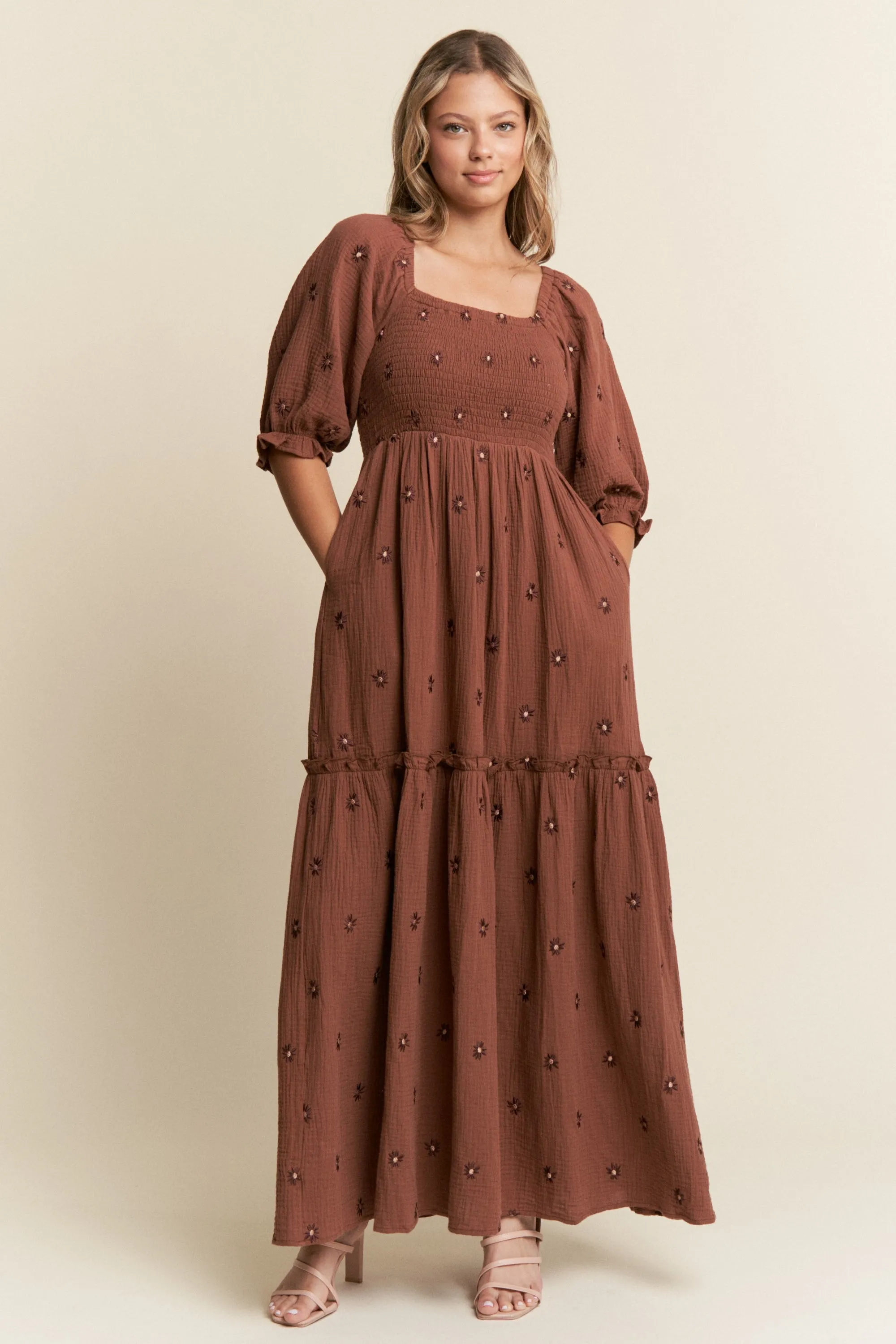 Brown Floral Smocked Puff Sleeve Maternity Maxi Dress sold by Pinkblush product image thumbnail 4