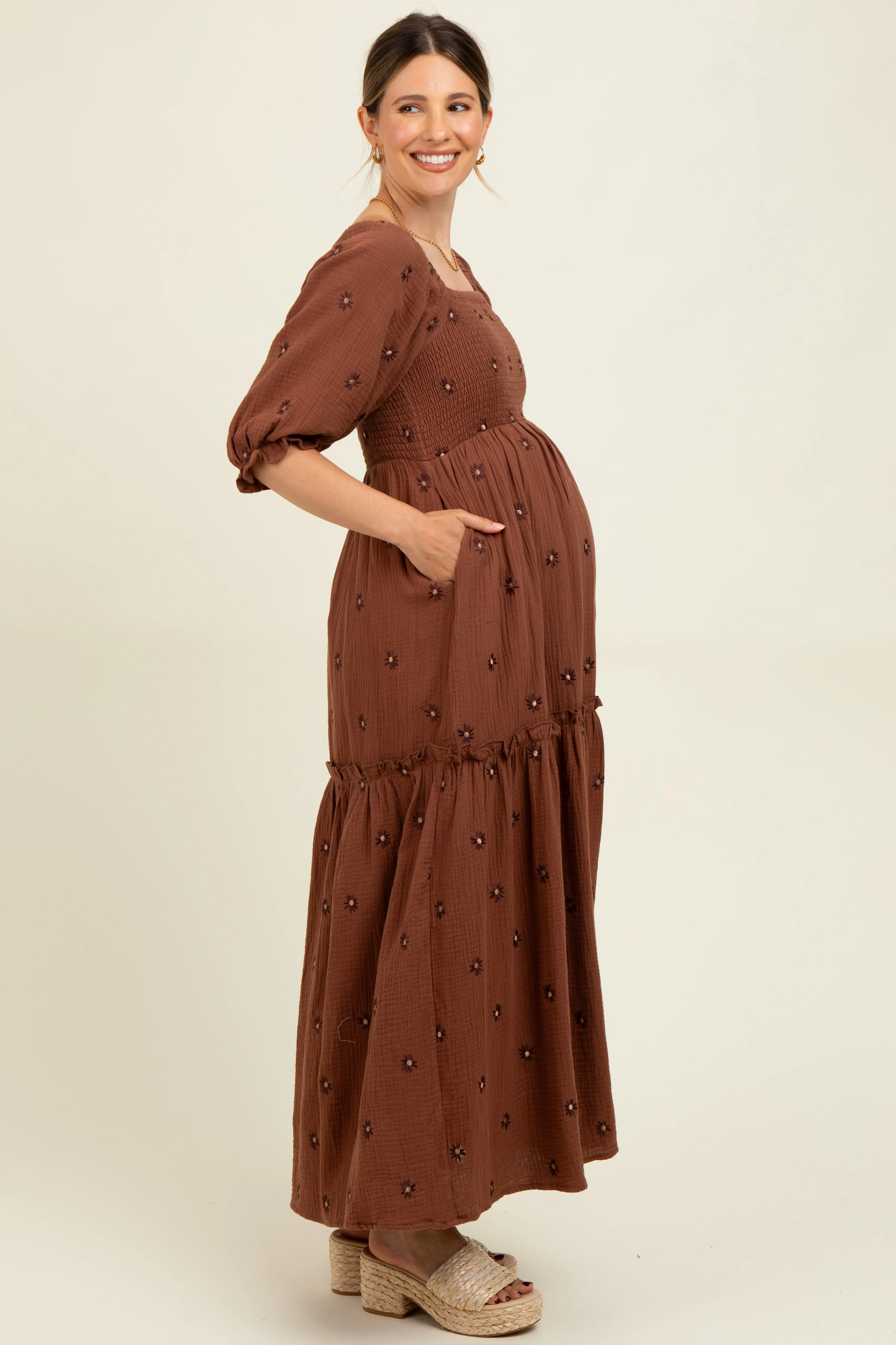 Brown Floral Smocked Puff Sleeve Maternity Maxi Dress sold by Pinkblush product image thumbnail 2