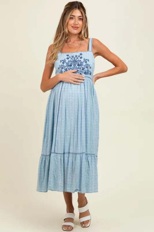 Light Blue Cross Stitch Embroidered Maternity Maxi Dress sold by Pinkblush