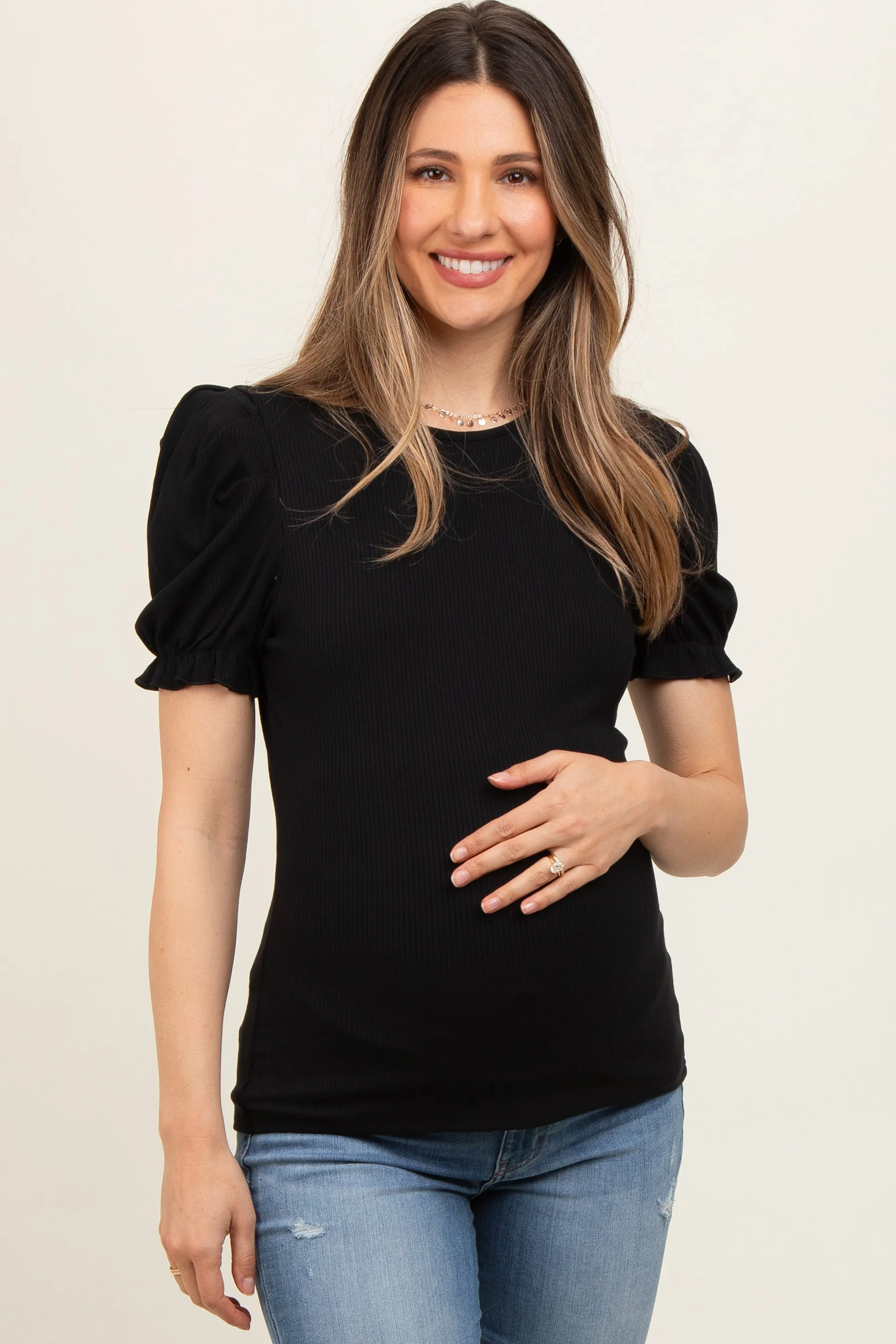 Black Ribbed Puff Sleeve Maternity Top sold by Pinkblush