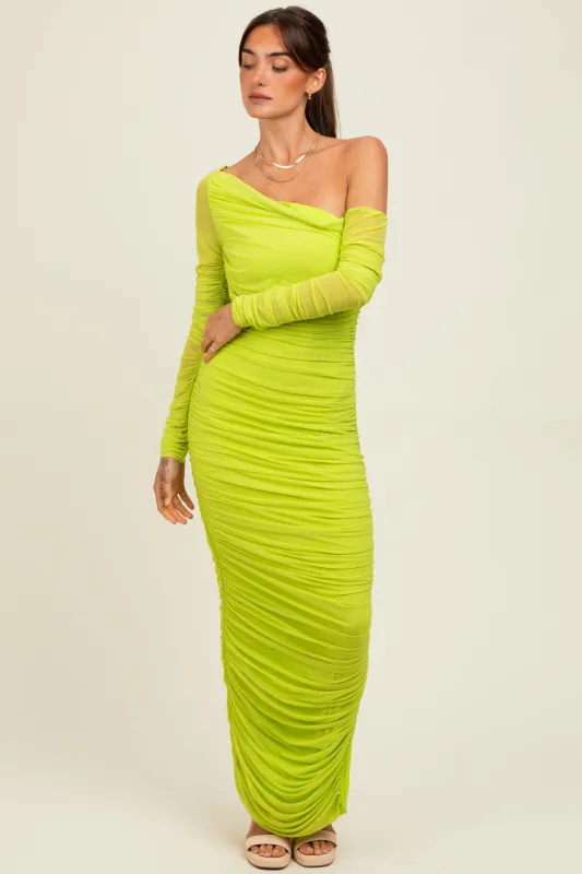 Lime Ruched Mesh One Shoulder Long Sleeve Maxi Dress sold by Pinkblush