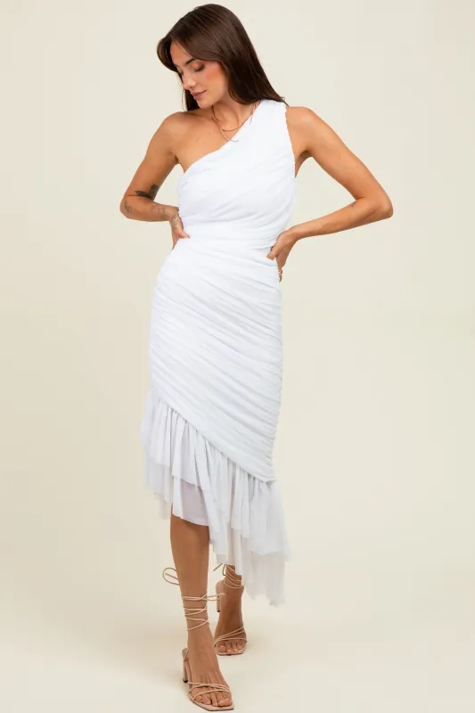 White Ruched Mesh One Shoulder Asymmetric Dress sold by Pinkblush