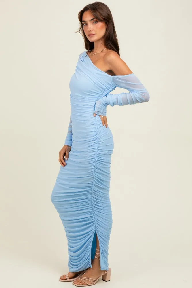 Light Blue Ruched Mesh One Shoulder Long Sleeve Maxi Dress sold by Pinkblush product image thumbnail 3