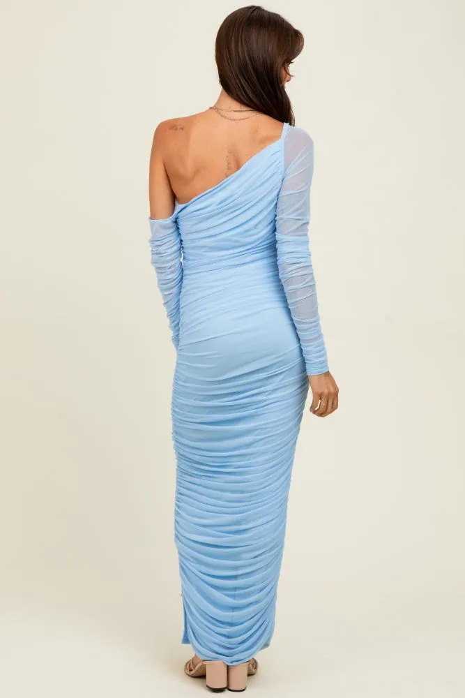 Light Blue Ruched Mesh One Shoulder Long Sleeve Maxi Dress sold by Pinkblush product image thumbnail 4
