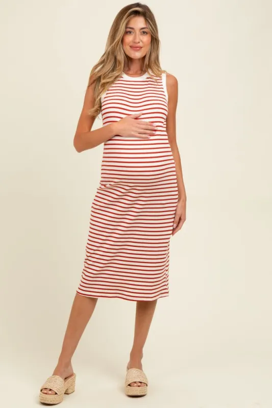 Red Striped Ribbed Knit Sleeveless Maternity Midi Dress sold by Pinkblush