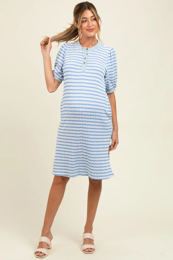 Blue Striped Textured Knit Button Up Maternity Dress sold by Pinkblush