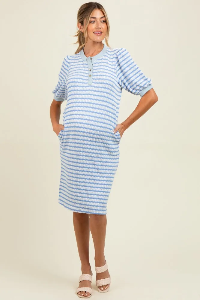 Blue Striped Textured Knit Button Up Maternity Dress sold by Pinkblush product image thumbnail 2