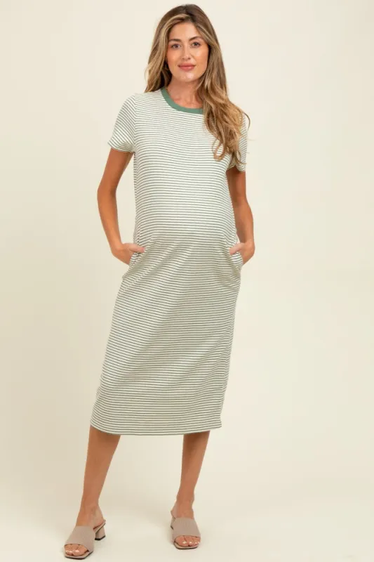 Olive Striped Short Sleeve Maternity Midi T-Shirt Dress sold by Pinkblush