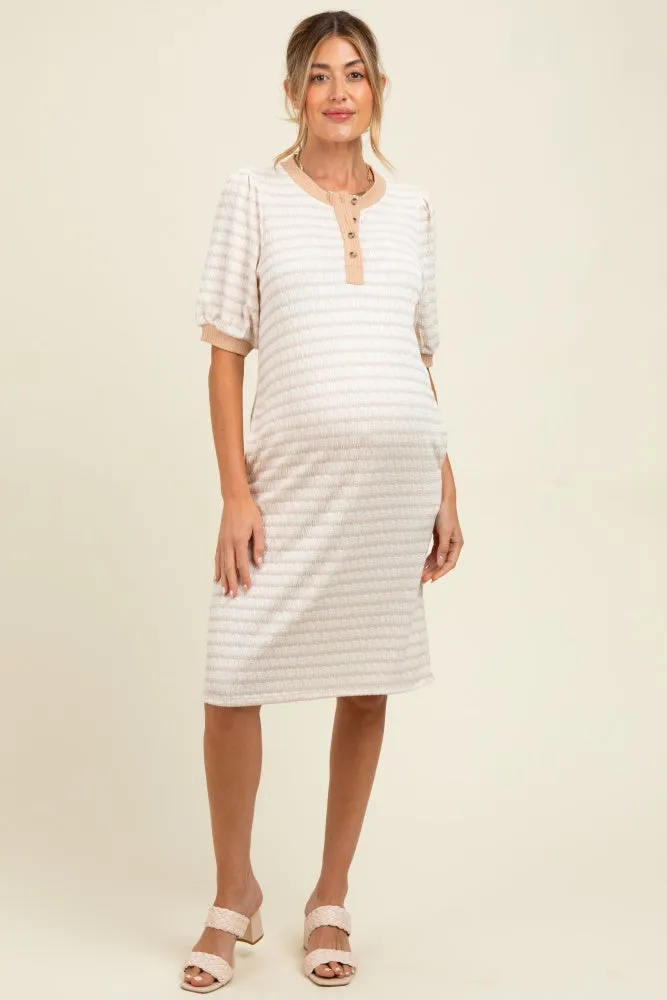 Ivory Striped Textured Knit Button Up Maternity Dress sold by Pinkblush