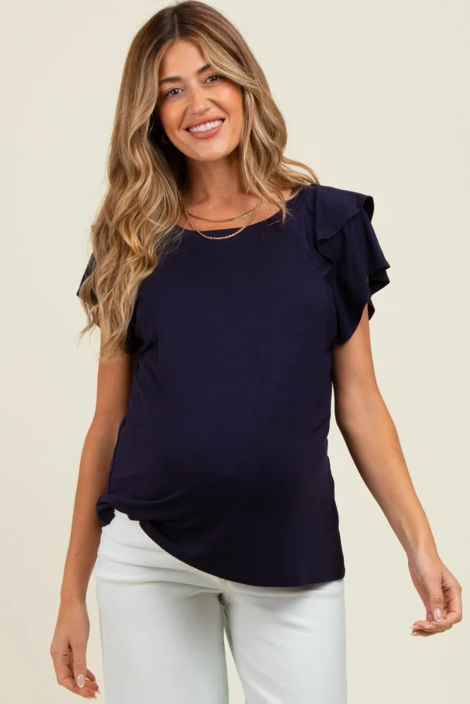 Navy Double Ruffle Sleeve Maternity T-Shirt sold by Pinkblush