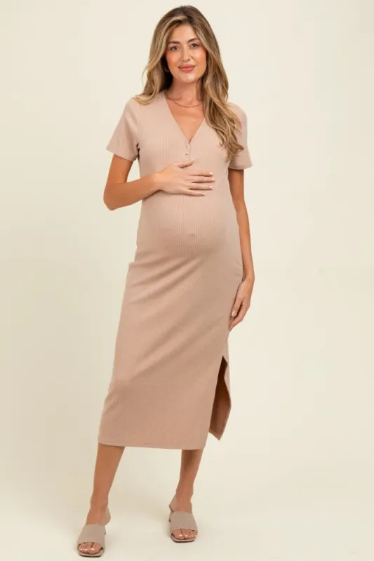 Mocha Ribbed Button Detail Maternity Midi Dress sold by Pinkblush