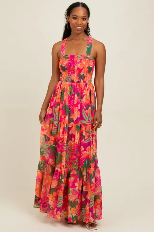 Fuchsia Tropical Print Smocked Crisscross Open Back Maxi Dress sold by Pinkblush