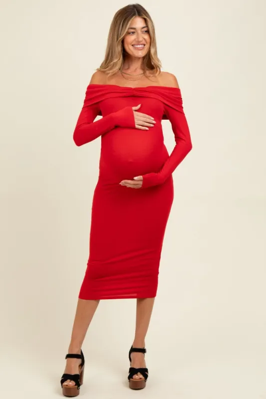 Red Ruched Off Shoulder Maternity Dress sold by Pinkblush