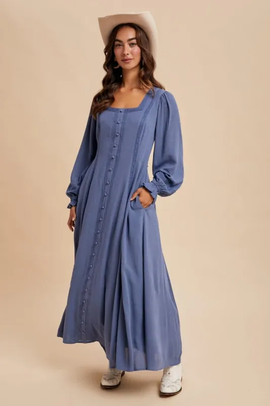 Blue Lace Detail Button Down Maxi Dress sold by Pinkblush