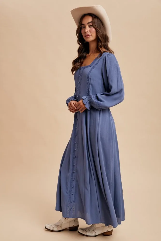 Blue Lace Detail Button Down Maxi Dress sold by Pinkblush product image thumbnail 3