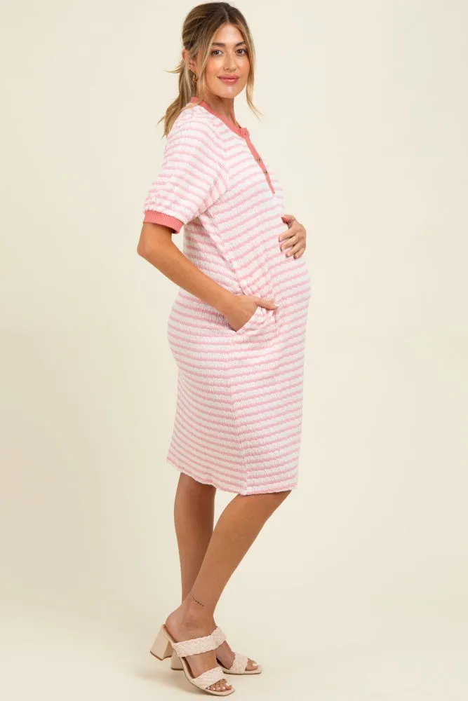 Light Pink Striped Textured Knit Button Up Maternity Dress sold by Pinkblush product image thumbnail 2