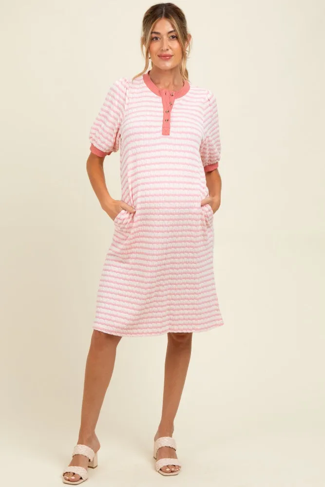 Light Pink Striped Textured Knit Button Up Maternity Dress sold by Pinkblush
