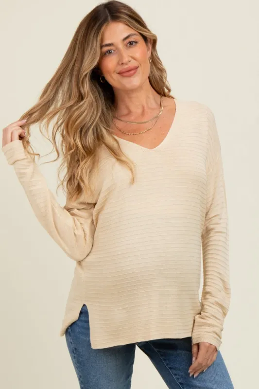 Cream Striped Knit Maternity Long Sleeve Top sold by Pinkblush