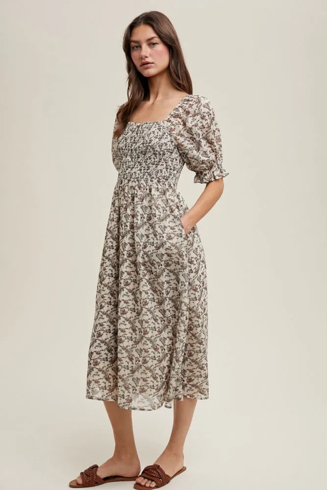 Cream Floral Smocked Puff Sleeve Midi Dress sold by Pinkblush product image thumbnail 2