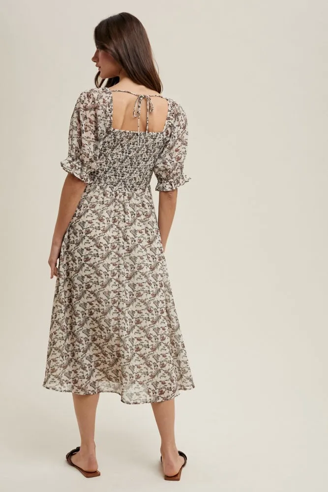 Cream Floral Smocked Puff Sleeve Midi Dress sold by Pinkblush product image thumbnail 3