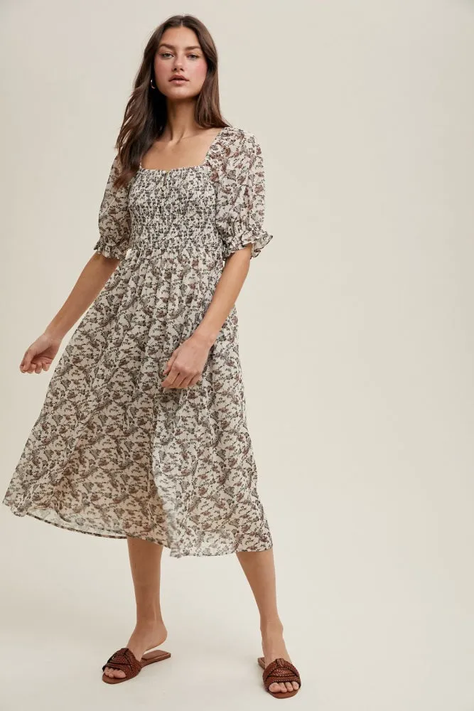 Cream Floral Smocked Puff Sleeve Midi Dress sold by Pinkblush product image thumbnail 4
