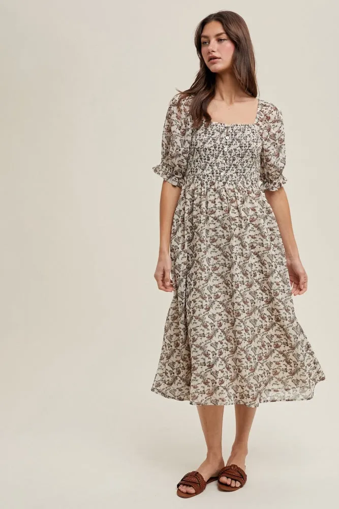Cream Floral Smocked Puff Sleeve Midi Dress sold by Pinkblush