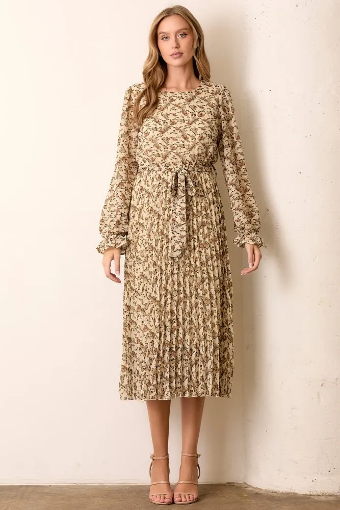 Cream Floral Chiffon Long Sleeve Pleated Maternity Midi Dress sold by Pinkblush product image thumbnail 5