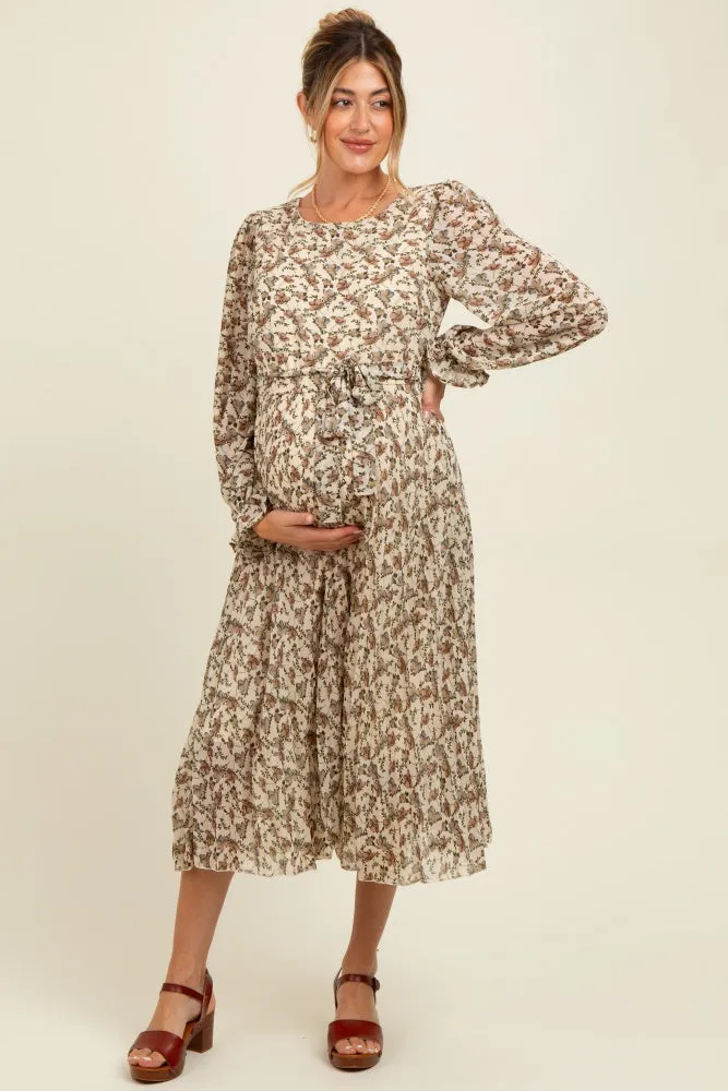 Cream Floral Chiffon Long Sleeve Pleated Maternity Midi Dress sold by Pinkblush product image thumbnail 2