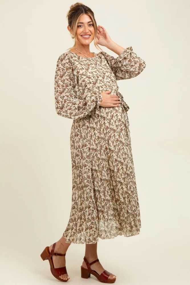 Cream Floral Chiffon Long Sleeve Pleated Maternity Midi Dress sold by Pinkblush product image thumbnail 3