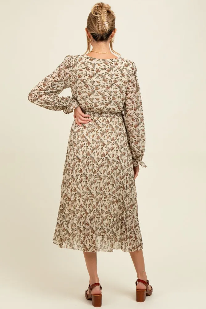 Cream Floral Chiffon Long Sleeve Pleated Maternity Midi Dress sold by Pinkblush product image thumbnail 4