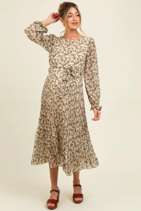 Cream Floral Chiffon Long Sleeve Pleated Maternity Midi Dress sold by Pinkblush