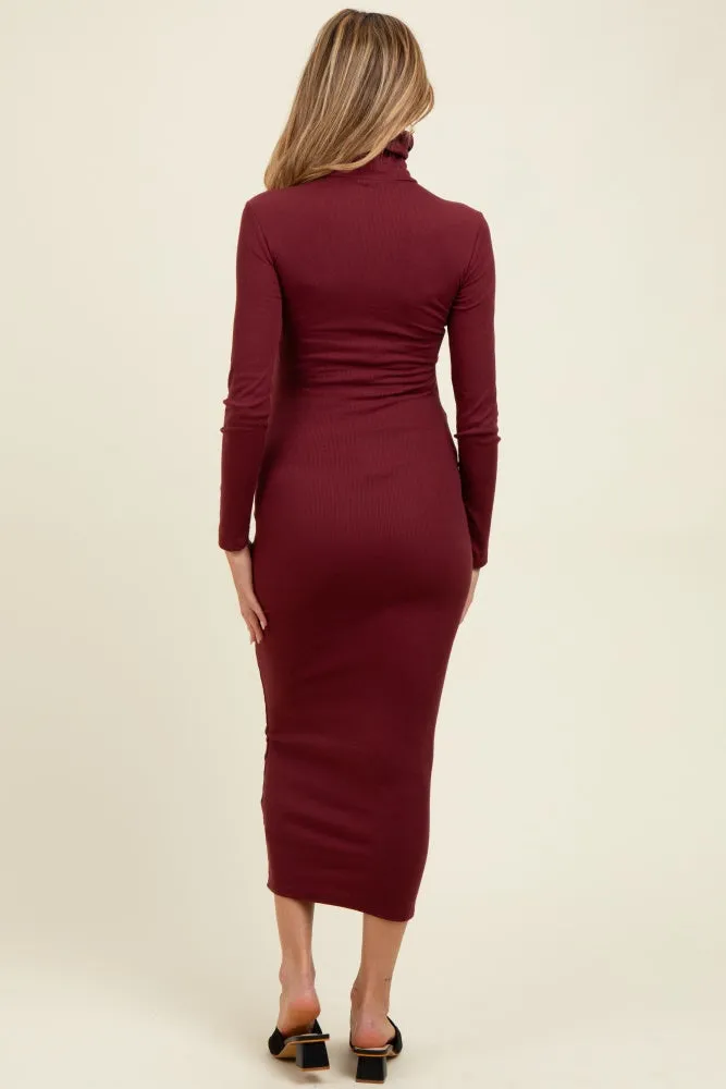 Burgundy Turtle Neck Ribbed Fitted Long Sleeve Maternity Maxi Dress sold by Pinkblush product image thumbnail 4