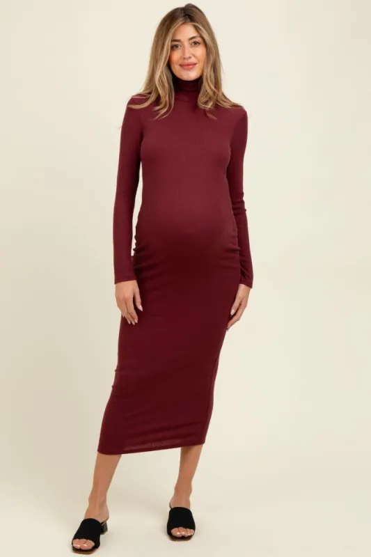 Burgundy Turtle Neck Ribbed Fitted Long Sleeve Maternity Maxi Dress sold by Pinkblush