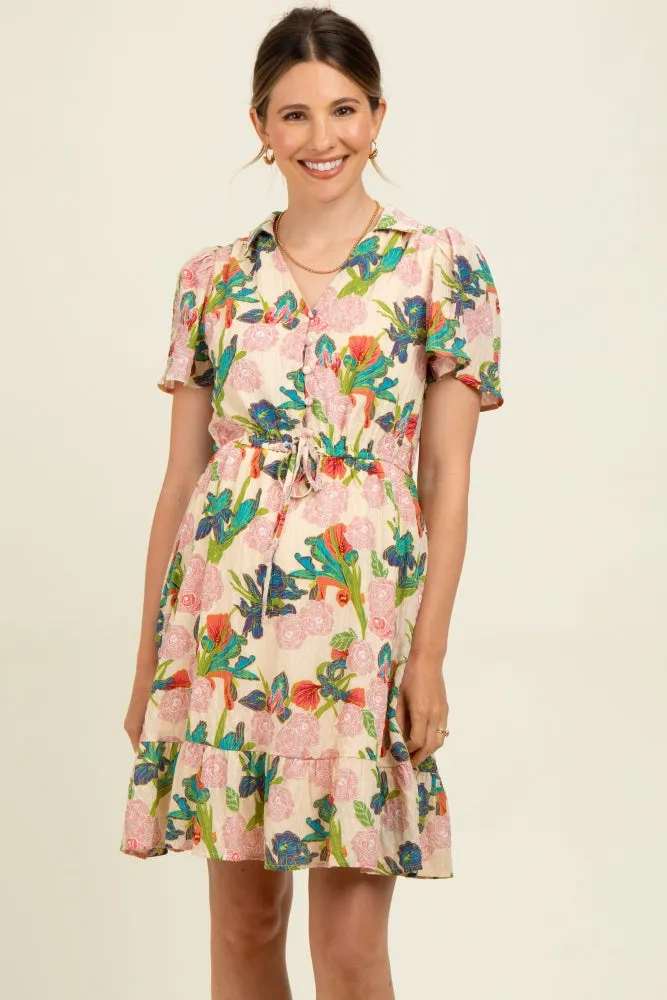 Cream V-Neck Flutter Short Sleeve Maternity Mini Dress sold by Pinkblush