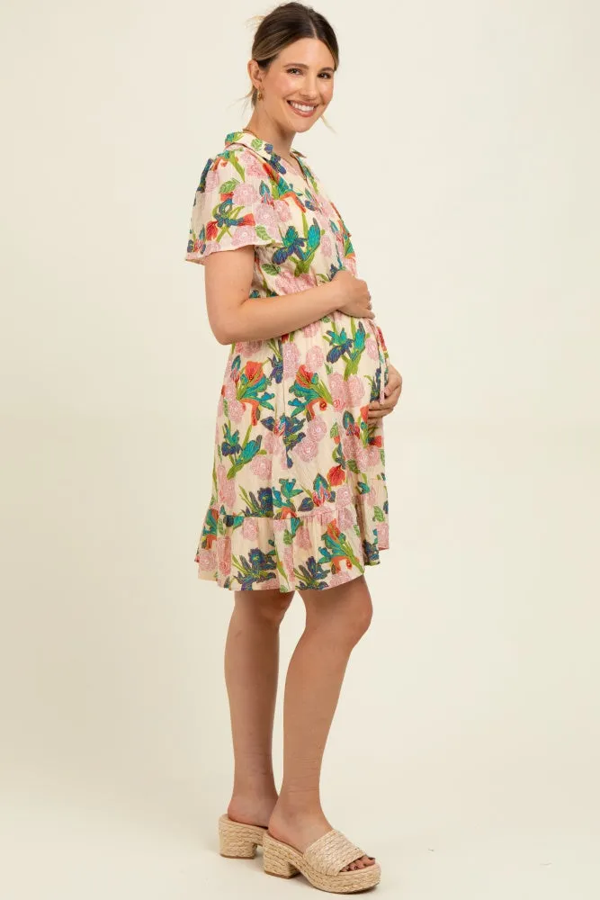 Cream V-Neck Flutter Short Sleeve Maternity Mini Dress sold by Pinkblush product image thumbnail 3