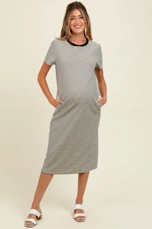 Black Striped Short Sleeve Maternity Midi T-Shirt Dress sold by Pinkblush