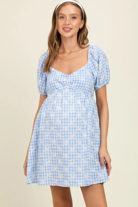 Light Blue Embroidered Gingham Sweetheart Neck Maternity Mini Dress sold by Pinkblush